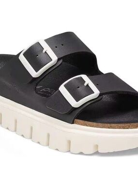 Papillon Black Double-Buckle Birkenstock Sandal with White Buckles